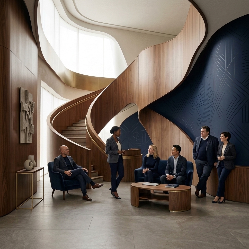 Senior leadership team in a modern executive space, representing bespoke C-Suite100 executive consultancy